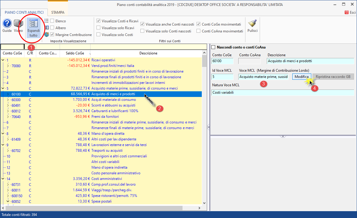 Centri di profitto e di costo: Report a Margine lordo di contribuzione - Conti Coge e COana ordinati