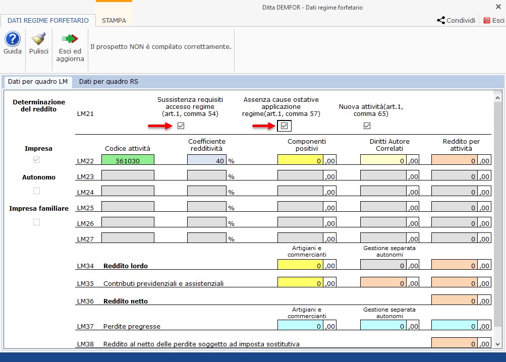 Contribuente forfetario: compilazione del quadro LM - Dati per quadro LM