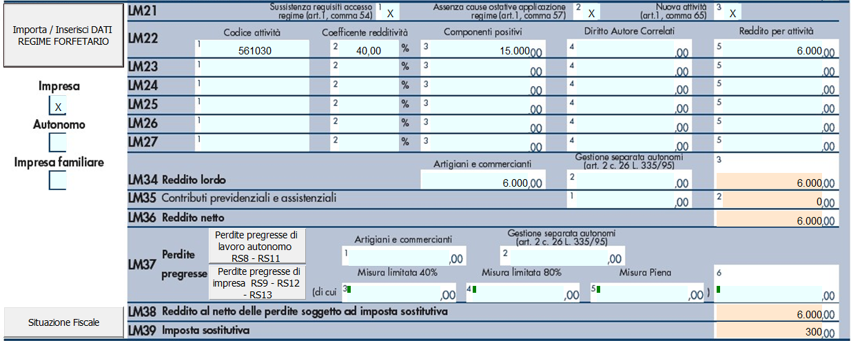 Contribuente forfetario: compilazione del quadro LM - Prospetto compilato