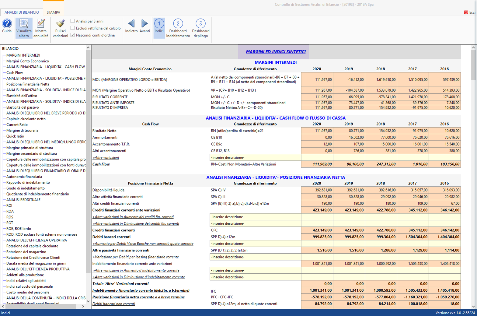 Controllo di Gestione: disponibile Analisi di Bilancio Sintetica - Sezione indici