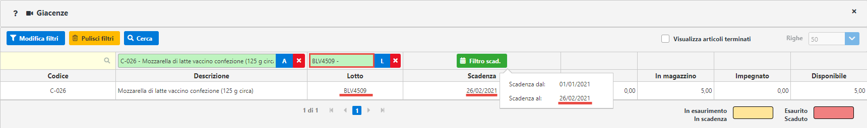 InWeb/Magazzino: Articoli a Lotti e Scadenza: per un quadro completo si puo filtrare per numero lotto