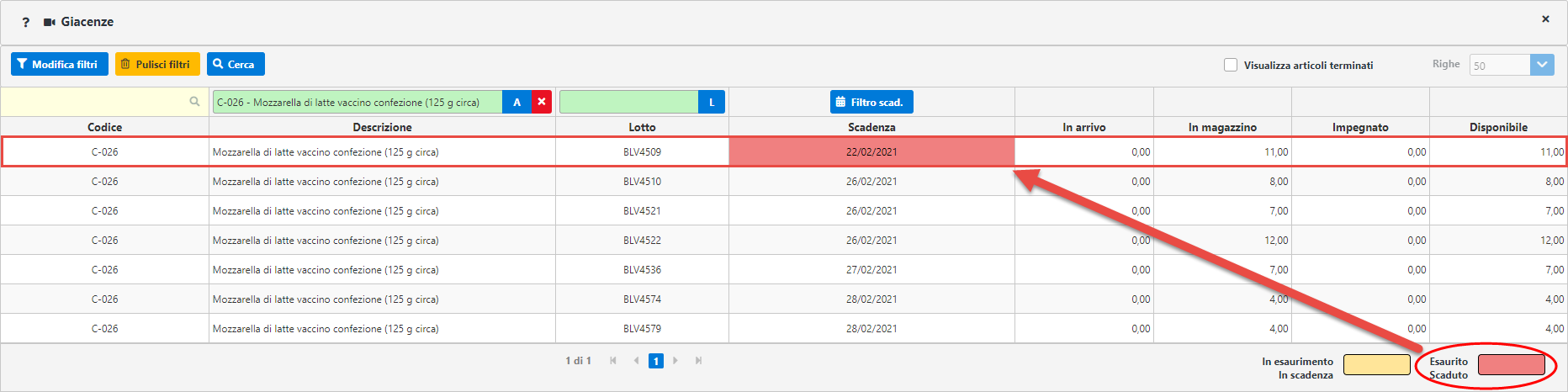 InWeb/Magazzino: Articoli a Lotti e Scadenza: segnalazione prodotto con data inferiore a data odierna