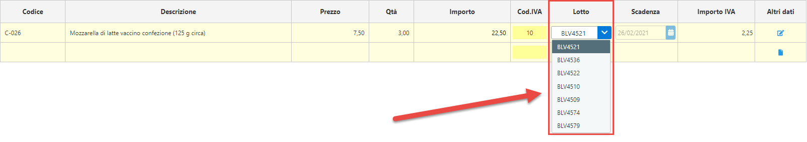 InWeb/Magazzino: Articoli a Lotti e Scadenza: cliccando sul menù a tendina è possibile selezionare il lotto desiderato, sarà compilata automaticamente la relativa data di scadenza