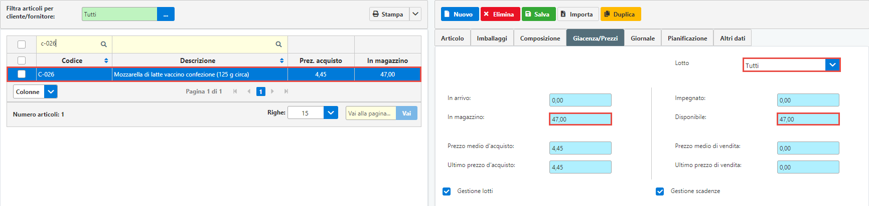 InWeb/Magazzino: Articoli a Lotti e Scadenza: vedere totale giacenza