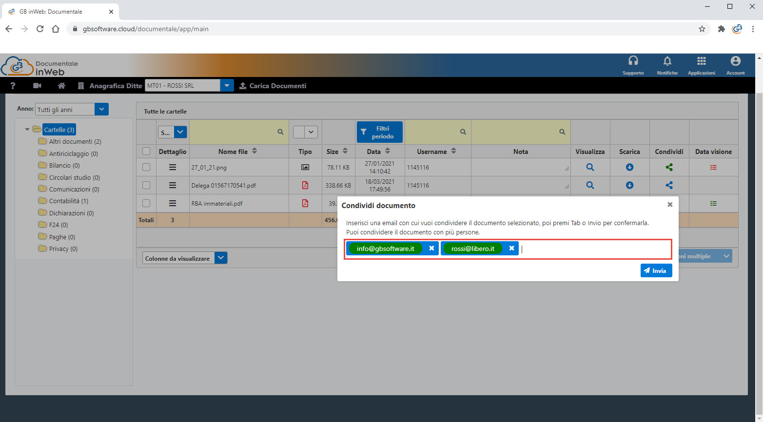 GB inWeb Documentale: condividi file a utenti esterni senza area GB: confermare email con tab o invio