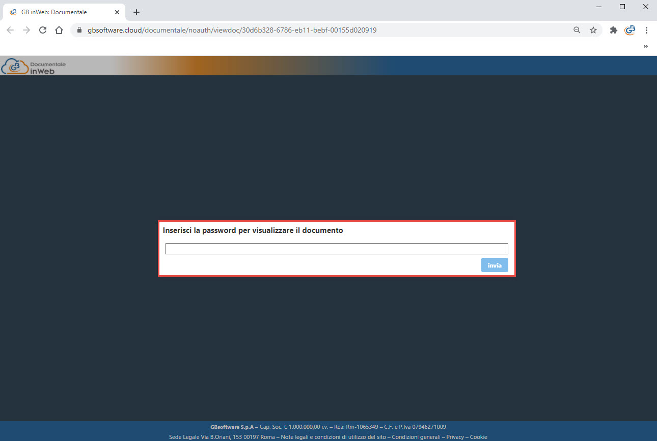 GB inWeb Documentale: condividi file a utenti esterni senza area GB: si può anche copiare ed incollare la password nell'apposito campo