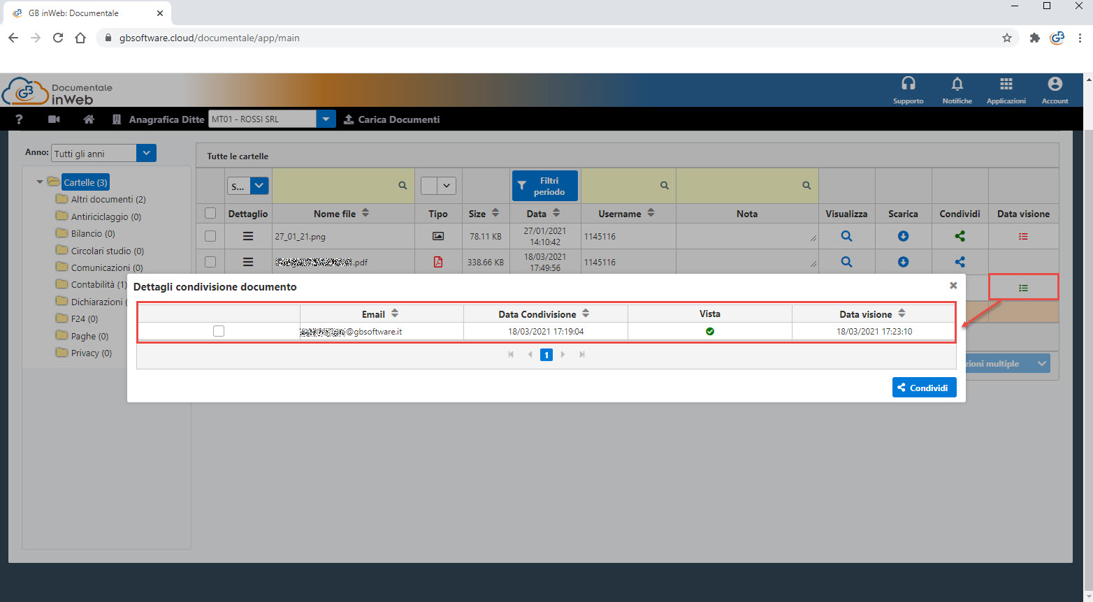 GB inWeb Documentale: condividi file a utenti esterni senza area GB: tramite data visione vedremo quando è stato visualizzato il file