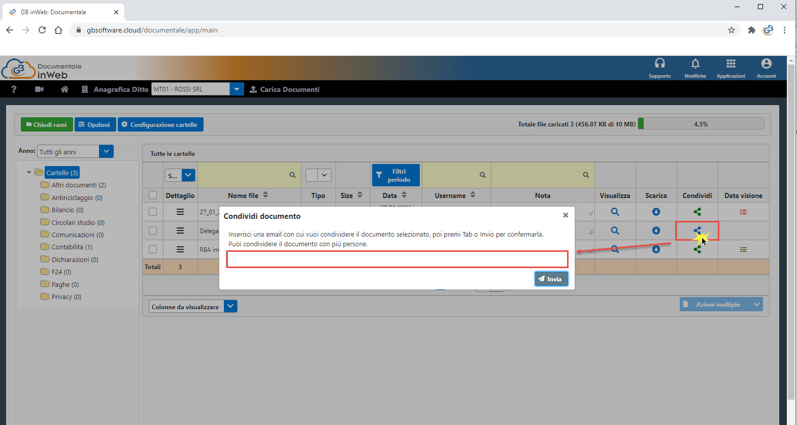 GB inWeb Documentale: condividi file a utenti esterni senza area GB: campo per email dove inviare documento