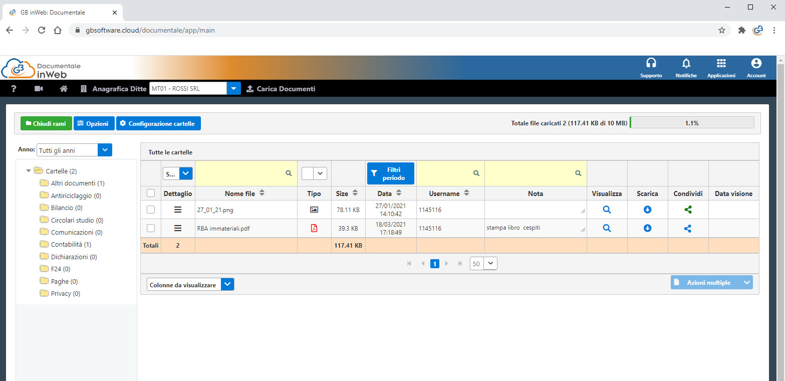 GB inWeb Documentale: condividi file a utenti esterni senza area GB: visualizzare e scaricare file condivisi con il proprio consulente