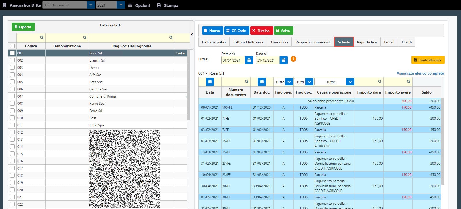 GB inWeb: visualizza la scheda contabile dei contatti: documenti emessi nell'anno selezionato