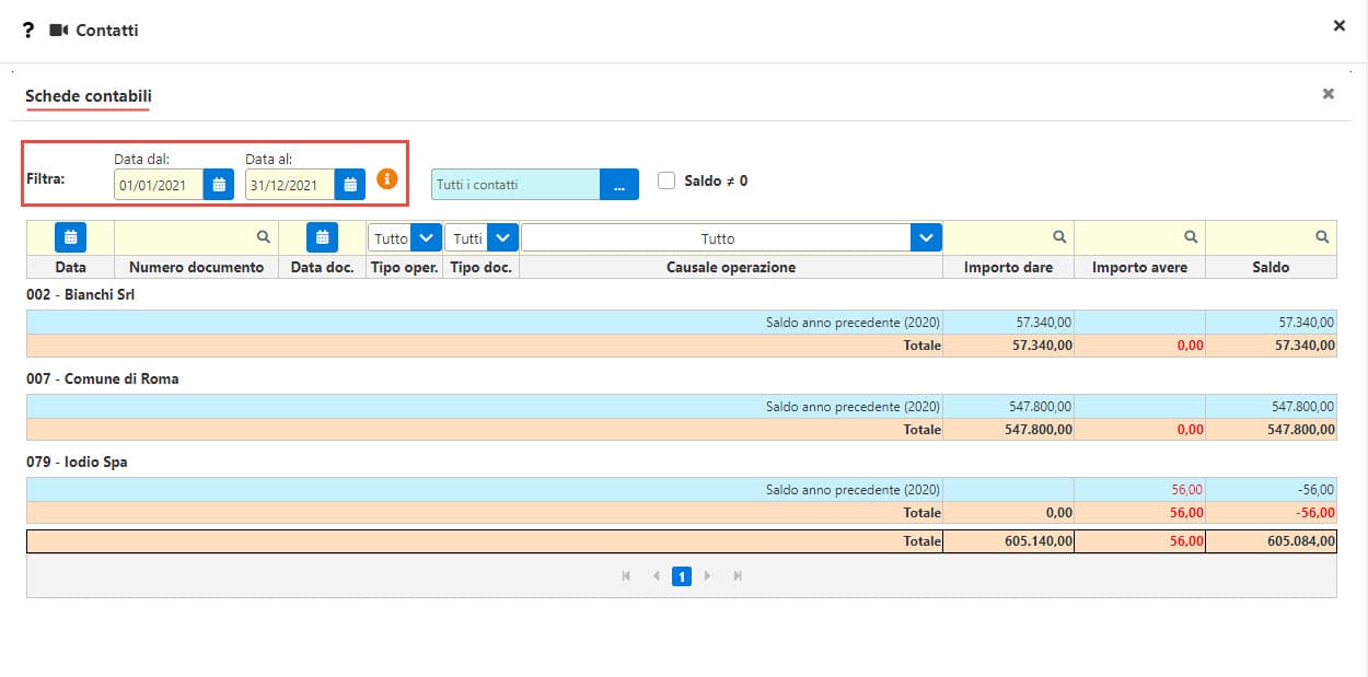 GB inWeb: visualizza la scheda contabile dei contatti: intervallo di date