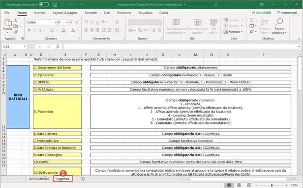 Importare cespiti da file Excel per nuovi clienti - Legenda