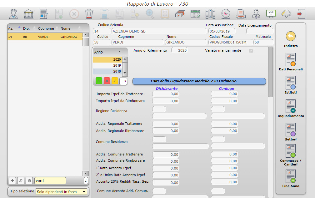Paghe GB Web: Assistenza fiscale 2020 - Rapporto di lavoro 730