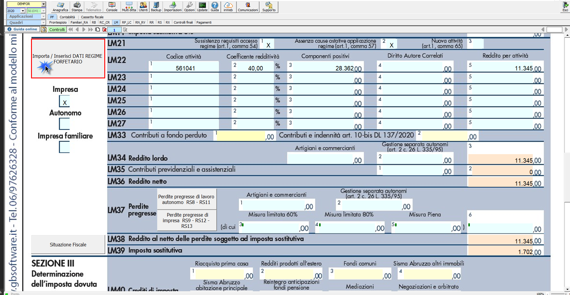 Redditi Persone Fisiche: Regime Forfetario: quadro LM