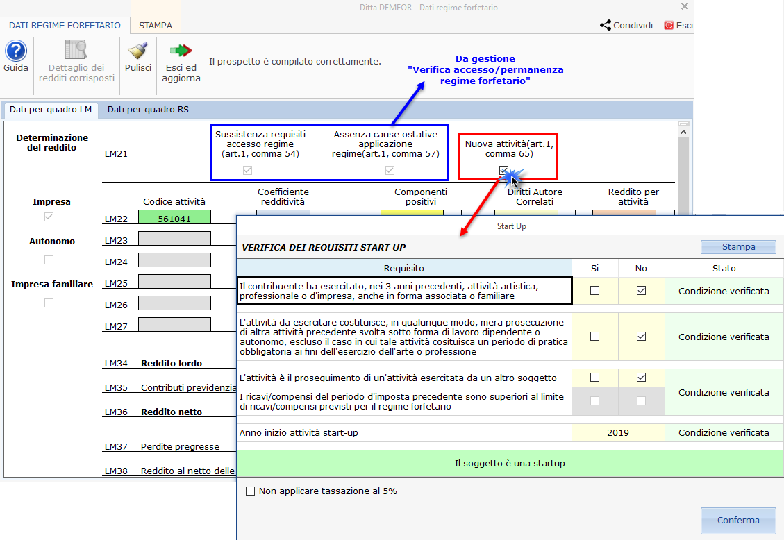 Redditi Persone Fisiche: Regime Forfetario: schermata caselle software