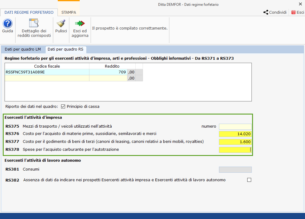 Redditi Persone Fisiche: Regime Forfetario: seconda parte, dati dell'attività