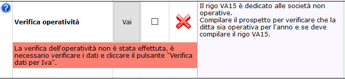 Società di Comodo e Verifica Operatività in Dichiarazione IVA 2020 - Schermata verifica operatività non effettuata